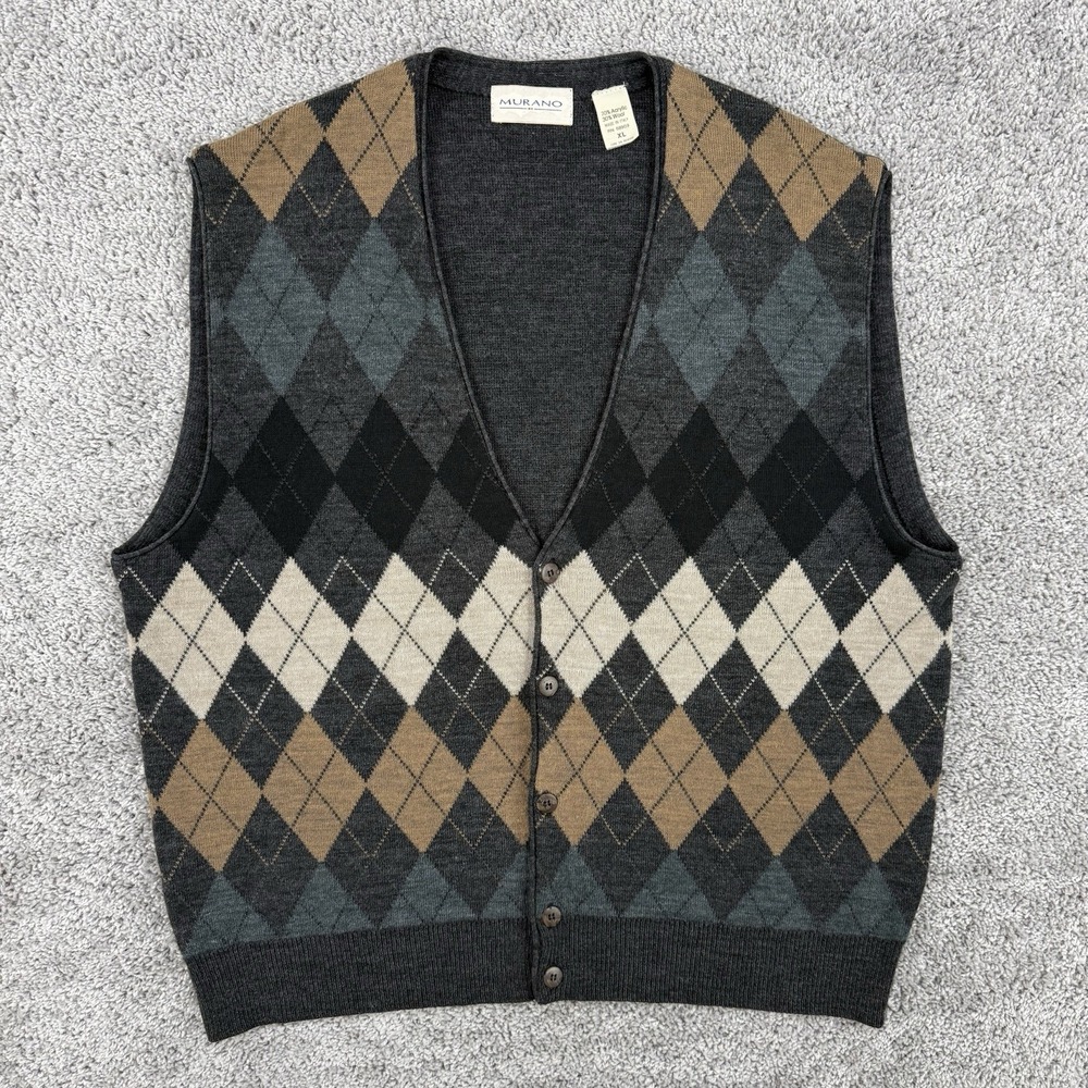 Murano Wool Sweater Vest Mens XL Argyle Button Up Cardigan Made In Italy Grandpa
